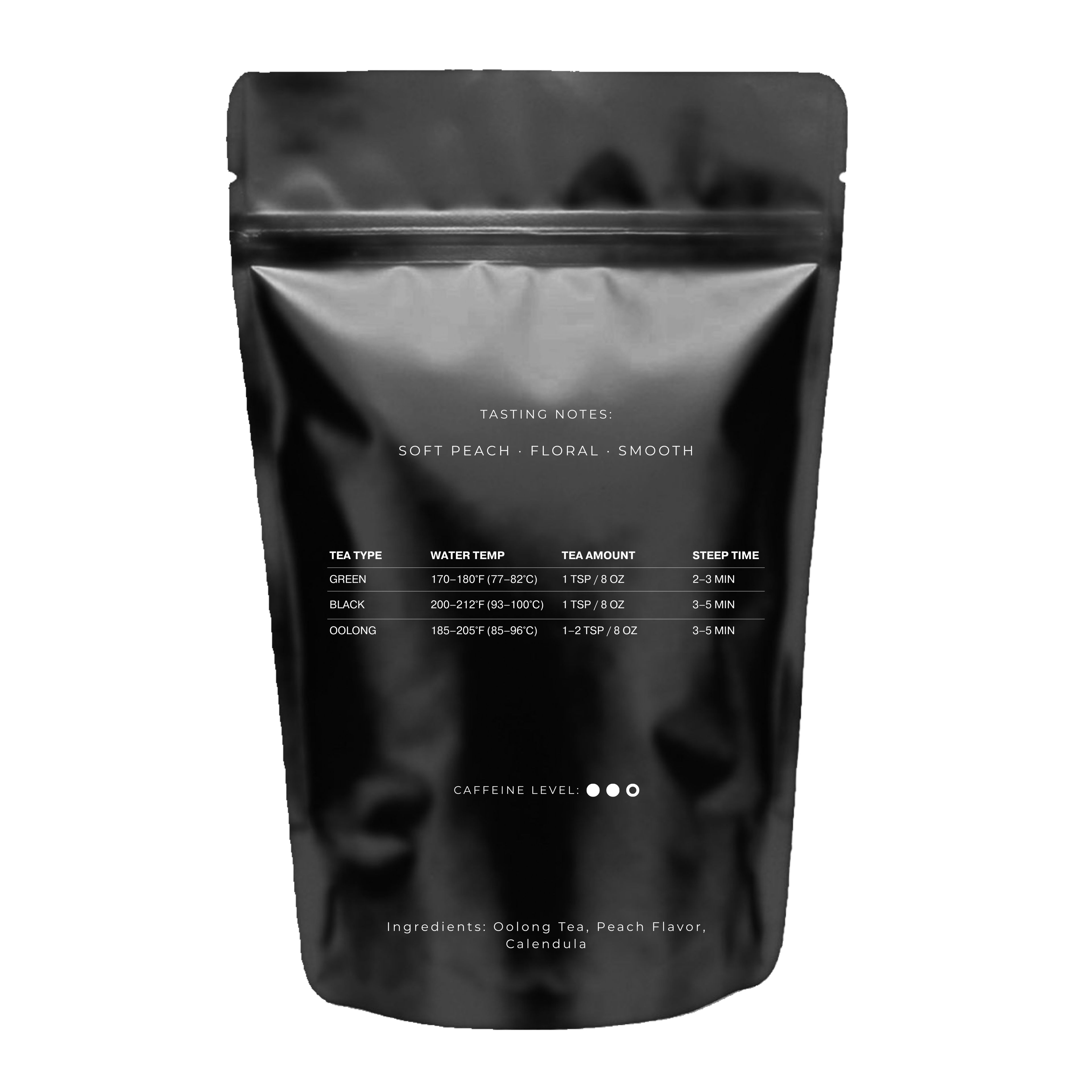 oolong tea package with '7 Leaf Co.' branding on a white background. Designed for late nights, quiet strategy, and ambitious minds moving in silence. Matte black luxury aesthetic with cinematic low-light atmosphere. with tasting notes of soft peach. tea brewing guide is shown on packaging as well.