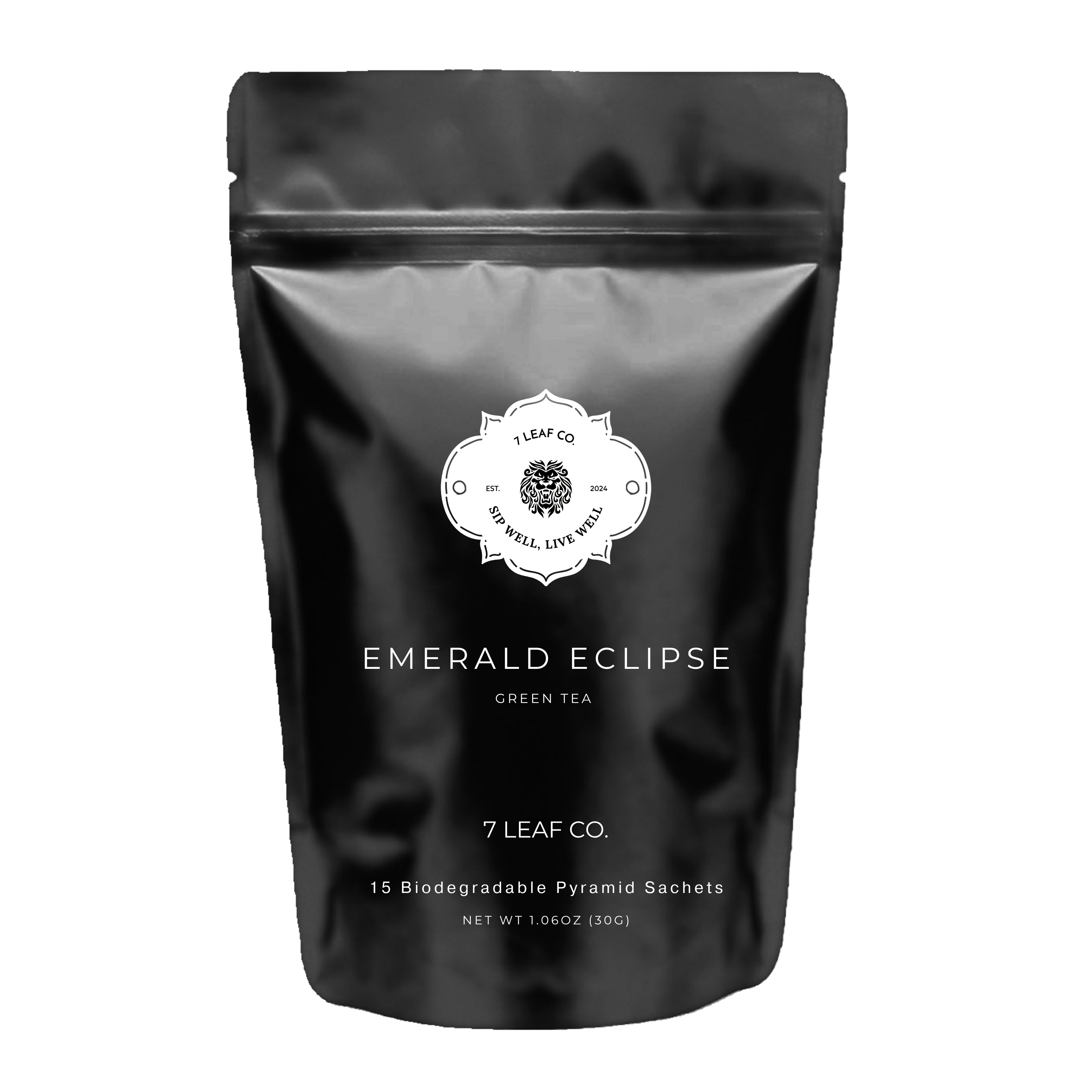 green tea package with '7 Leaf Co.' branding on a white background. Designed for late nights, quiet strategy, and ambitious minds moving in silence. Matte black luxury aesthetic with cinematic low-light atmosphere. 