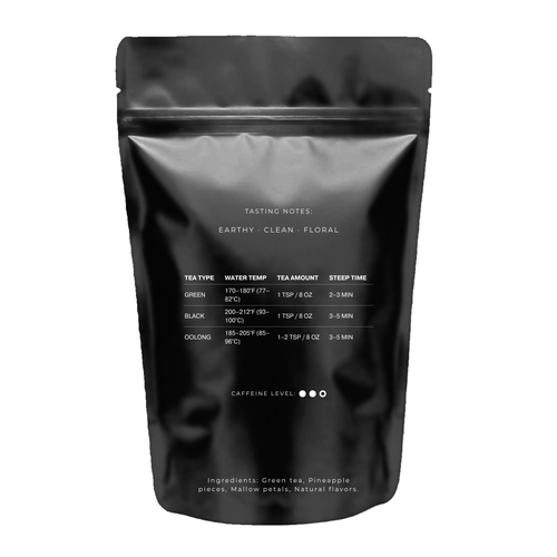 green tea package with '7 Leaf Co.' branding on a white background. Designed for late nights, quiet strategy, and ambitious minds moving in silence. Matte black luxury aesthetic with cinematic low-light atmosphere. with earthy tasting notes. tea brewing guide is shown on packaging as well.